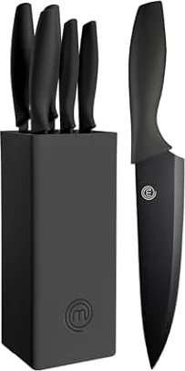 MasterChef Set Coltelli da Cucina con Ceppo Universale, Portacoltelli | con Lama Affilato per Pane, Carne, Verdure e altro, Acciaio Inox, Prova di Calore, Manici Neri, 5 Pezzi, Nero