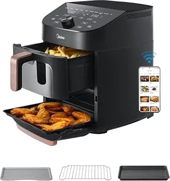 Midea Friggitrice ad Aria Verticale Doppia Zona 10 in 1, 11L, 2400W | 2 Cassetti 6L & 5L, Componenti Antiaderenti Lavabili in Lavastoviglie, Connettività Wi-Fi, Compatibile con App, Nero