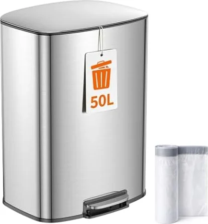 YEAUPE PRO Pattumiera Cucina 50L a Pedale, Pattumiera in Acciaio Inox | Soft Close, Anti-Odore, Secchio Interno ABS Rimovibile, Facile da Pulire, Bidone Spazzatura con15 Sacchetti Inclusi, Argento