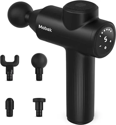 Mebak 7 Pistola Massaggio Muscolare, Pistola massaggiatore, 5 Velocità Regolabili & 4 Teste di Massaggio, 3200RPM/min,Massaggiante Ricarica USB-C,Adatto per Spalle, Schiena, Gambe e Braccia