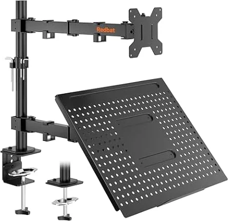 Redbat Supporto Monitor Braccio Display con Vassoio per Doppio Schermo Laptop (max 16'') e LED LCD da 13 a 32 Pollici (max 8 kg), Inclinazione, Rotazione, 2 Opzioni di Installazione