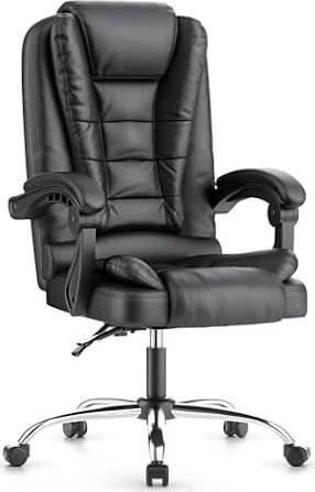 Sedia Ufficio Ergonomica, Poltrona Direzionale con Sedile Largo, PU, Nero | Sedia Ufficio Reclinabile con Braccioli Imbottiti et Altezza Regolabile, Rotelle Silenziose