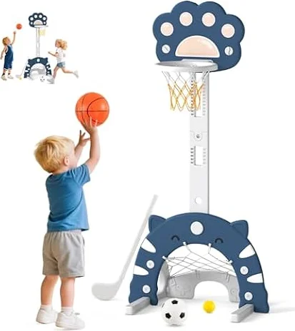 RELAX4LIFE Canestro da Basket 3 in 1 Regolabile in Altezza per Bambini, Pieghevole e Smontabile con Giochi di Calcio e Golf, Centro Sportivo per Bambini dai 3 Anni in Su (BLU)