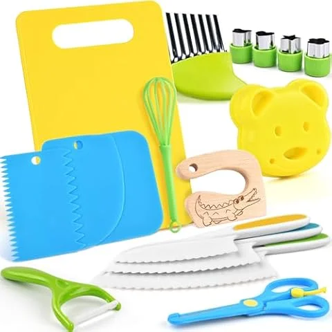 Set di Coltello da Cucina per Bambini per la vera cucina- 17 pezzi Coltelli di sicurezza per bambini per tagliare e cuocere frutta o verdura | Utensili Cucina Montessori, Reale Set Cucina per bambini