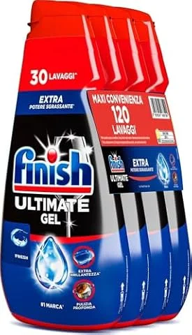 Finish Ultimate Gel, Detersivo per Lavastoviglie, 120 Lavaggi, 4 confezioni da 30 Lavaggi, Fresh, Extra Potere Sgrassante, Extra Brillantezza, Pulizia Profonda