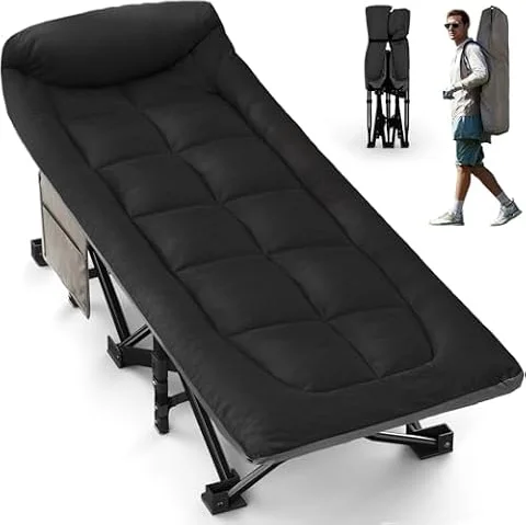 OVERMONT Lettino da Campeggio Brandina Pieghevole - Letto Portatile XL Caricabile Fino 250 kg - Letto Singolo Antiscivolo con Cuscino Borsa di Stoccaggio Borsa Trasporto per Camper Tende Viaggi Nero