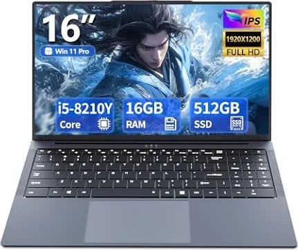 16 Pollici PC Portatile con Core i5-8210Y Processore, 16GB RAM 512GB SSD, Notebook Win 11 1920*1200 FHD IPS Schermo, Laptop Computer Portatile con Mini-HDMI Type-C USB3.0 WIFI5 BT5.0 Webcam 5800mAh