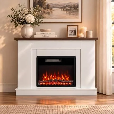 HOMAVO Camino Elettrico con Riscaldamento e Cornice, 1000/2000 W | 12 colori della fiamma, 4 colori effetto legna, 5 luminosità e velocità, telecomando, timer