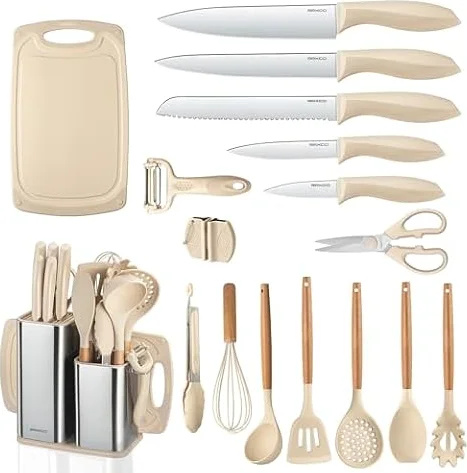 RAXCO Set di coltelli da cucina con blocco, 18 pezzi di utensili da cucina con 5 coltelli e 7 spatole in silicone (Cachi)