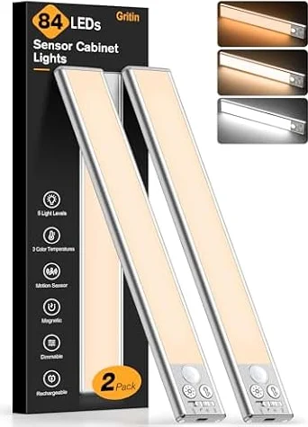 Gritin 26CM Luce LED Sottopensile Cucina Ricaricabile con Sensore | 3 Colori & 5 Luminosità, 4 Modalità, Super Luminosa, Lunga Durata, Installazione Magnetica Luce Armadio 2 Pezzi