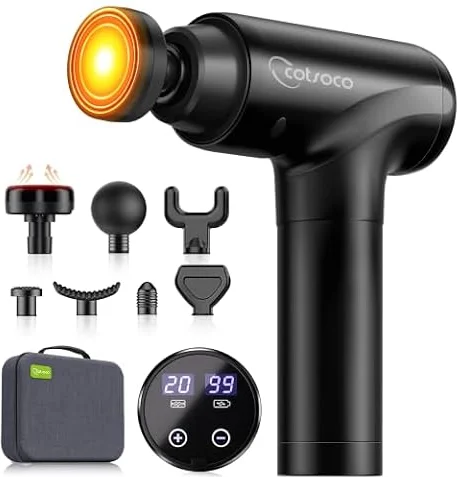 Cotsoco Pistola Massaggio Muscolare con Calore, 20 Velocità e 10 Testine, Massaggiatore a Percussione con Schermo LED Touch, Silenziosa con Borsa da Trasporto, Regalo Uomo Donna
