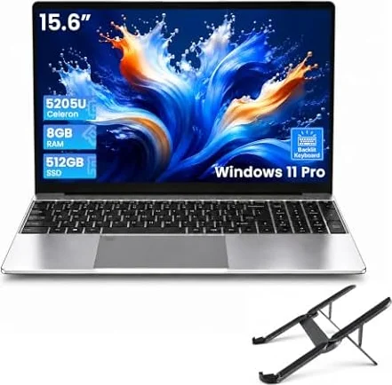 Breloom PC Portatile 15.6" FHD con Supporto, Celeron 5205U, 8GB DDR4 RAM 512GB SSD, Impronta Digitale, Tastiera Retroilluminata, Wi-Fi 5, USB 3.0 x2, Win 11 Pro Laptop