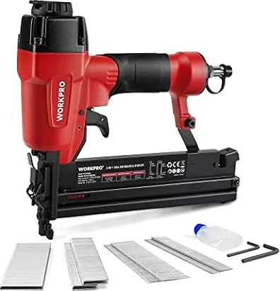 WORKPRO Chiodatrice Pneumatica 2 in 1, 18GA 9040/F50 Sparachiodi Aria Compressa max 7,1 bar con 400 Chiodi e 300 Graffette, Adatto per la fabbricazione di mobili, decorazione d'interni ecc