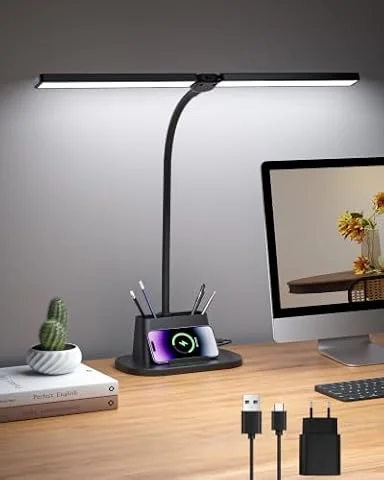 Ylatoial Lampada da Scrivania Doppia Testa, 25 Modalità Lampada da Tavolo | Collo Flessibile Regolabile USB Lampada Scrivania, Timer 60min, Funzioni di Memoria Lampada LED da Tavolo Touch Nero 47CM