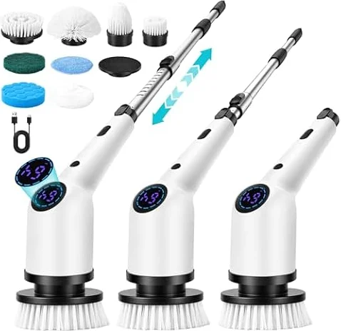 Spazzola Elettrica Rotante 8 Testine, 3 Velocità, IPX7, Manico Telescopico | Manico Estensibile, Spazzola Elettrica per la Pulizia Senza Riempimento per Bagno, Auto, Finestre e Cucina