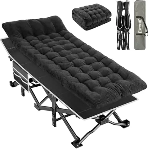 OVERMONT Lettino da Campeggio Brandina Pieghevole - Letto Pieghevole Portatile Singolo con Materasso - XL Caricabile Fino 250 kg - con Tasca Laterale per Esterni Viaggi Spiaggia Giardino Ufficio