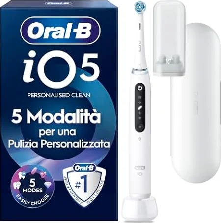 Oral-B iO 5 Spazzolino Elettrico, 1 Testina di Ricambio, Custodia, Bianco | 1 Testina di Ricambio per Spazzolino Elettrico, Ricaricabile, Custodia, Copri Testine, Sensore di Pressione, Pulizia Denti