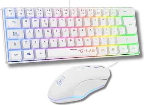 The G-Lab Combo - Tastiera e mouse da gioco Hydrogen QWERTY ES (bianco) | Tastiera da gioco 60% + mouse da gioco RGB, dimensioni compatte, colore bianco, compatibile con PC/PS4/PS5