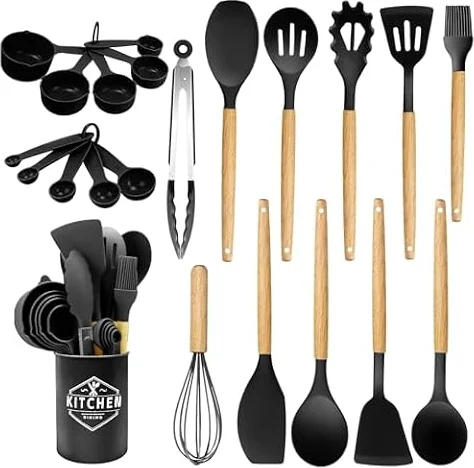 Utensili da cucina in silicone 22 pezzi, set di utensili da cucina per pentole antiaderenti, al calore e antiaderenti con manico in legno per utensili senza BPA