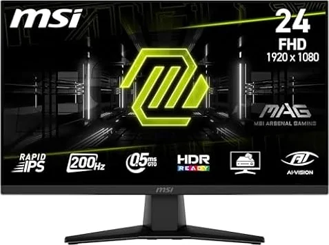 MSI MAG 242F Monitor Gaming da 24" - FHD (1920x1080), Rapid IPS, 200Hz | 0.5ms, HDR Ready, AMD FreeSync Premium, Eye Care, HDMI 2.0b, DP 1.2a, Senza Cornice, Inclinabile, Montaggio VESA - Nero