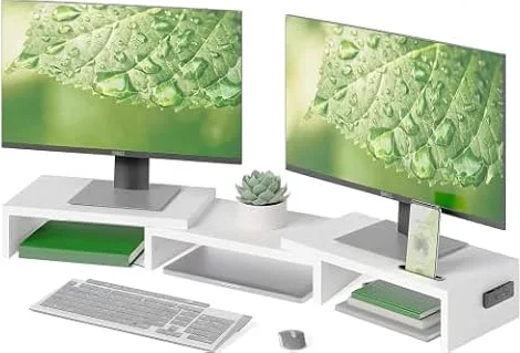 BONTEC Supporto per Doppio Monitor da Tavolo con Supporto per Smartphone, Lunghezza Regolabile e Angolo di Girevole Organizzatore in Legno, Bianco