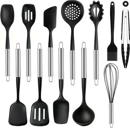 Set di utensili da cucina, 12 pezzi,strumenti da cucina in silicone | con manico in acciaio inossidabile, spatola, cucchiaio mestolo, resistente al calore e antigraffio, per pentole