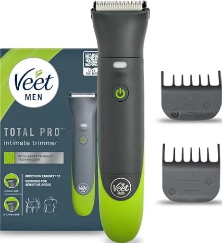 Veet Men Intimate Trimmer TOTAL PRO, Rasoio elettrico uomo corpo e parti intime, 1 testina per zona intima e corpo e 2 pettini guida, Rifinitura precisa, Cordless
