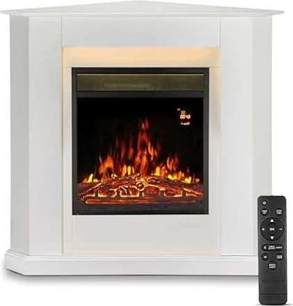 Juskys camino elettrico 1000/2000 W con riscaldamento, fuoco di camino, effetto fiamma, telecomando, illuminazione a LED e timer - Camino elettrico angolare bianco