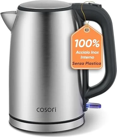 Cosori Bollitore Elettrico in Acciaio Inox 1,7 Litri, Senza Plastica | Contatto con l'Acqua Senza Plastica, Tecnologia del Strix, Base Girevole a 360°