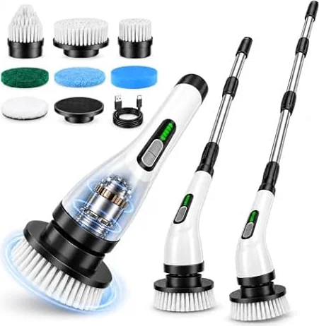 FYDEE Spazzola Elettrica Rotante, 7 Testine, Senza Fili, IPX7, per Bagno | Manico Telescopico 25-127 cm, 2 Velocità 300/380 Giri/min, Batteria da 3000 mAh e Autonomia fino a 100 Minuti per Fughe