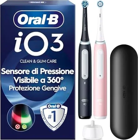 Oral-B iO 3, 2 Spazzolini Elettrici, 2 Testina di Ricambio, Nero e Rosa | 2 Testine di Ricambio per Spazzolino Elettrico Ricaricabile, Custodia Viaggio, Sensore di Pressione, Pulizia Denti Efficace