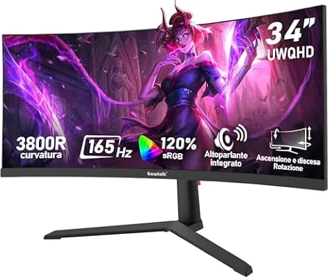 Gawfolk Monitor PC da gioco curvo ultra‑wide UWQHD da 34 pollici, 165Hz | 3800R,21:9 (3440x1440),120% sRGB,1ms, Adaptive Sync,Display Port,HDMI,Regolabile in Altezza, Altoparlanti Integrati -Nero