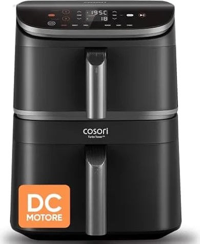 Cosori Turbo Tower Friggitrice ad Aria 10,8 Litri, 2 DC Motori | Doppio Cestello Verticale, 6 Funzioni, 30-230°C, 2630W, Cottura Salvaspazio Con Griglia a 3 Livelli, Grigio, CAF-DC111