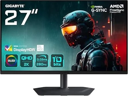 Gigabyte MO27Q2A Monitor da gioco OLED 2K QHD 27" – 2560 x 1440, 280Hz, 0,03ms, 250 cd/m², FreeSync Premium Pro, DisplayHDR True Black 400, HDMI 2.1, DisplayPort 1.4