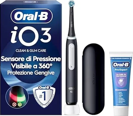 Oral-B iO 3 Spazzolino Elettrico, 1 Testina, Custodia, Dentifricio, Nero | 1 Testine di Ricambio per Spazzolino Elettrico, Ricaricabile, Custodia + 1 Dentifricio Pro-Expert Sbiancante Delicato