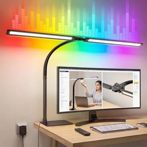 Lampada da Scrivania LED Dimmerabile 22W 1800LM, Con Base Tavolo in Metallo | Luce da Scrivania a LED Doppia con Modalità RGB, Doppia Rotazione, Telecomando, Dimmerazione Continua per Ufficio Lettura