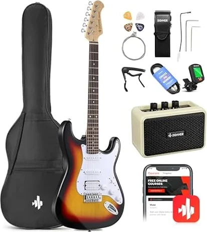 Donner Kit Chitarra Elettrica 39 Pollici S-S-H con Amplificatore, Sunburst | Chitarra Elettrica per Principianti, Pickup S-S-H, Set Completo con Borsa, Capo, Cinghia, Corde, Accordatore, Cavo e Plettri