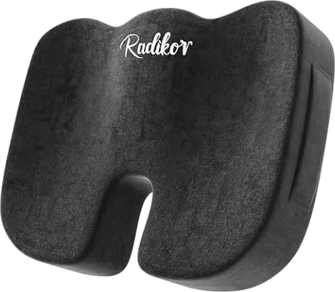 Radikor Cuscino Sedia Ufficio, Cuscino Coccige Ortopedico, Cuscino Sciatica, Ergonomico, Realizzato in Memory Foam, con Base Antiscivolo, Allevia il Coccige, Nero