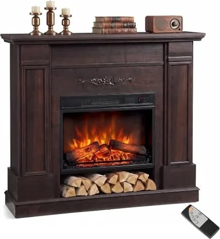 HOMCOM Camino Elettrico con Cornice e Ripiano 1800W per TV 55'', Marrone | Da Terra/Incasso, Effetto Fiamma 3D Realistico, 3 Luminosità, Riscaldamento Regolabile, Telecomando, Termostato, Timer, 30㎡