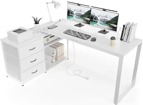 TRIUMPHKEY Scrivania Angolare 140x105 cm 3 Cassetti USB 2 Prese, Bianco | Salvaspazio Scrivania ad Angolo, Con Struttura Robusta e Ampio Spazio Contenitivo, Adatta Per Studio e Lavoro da Casa.