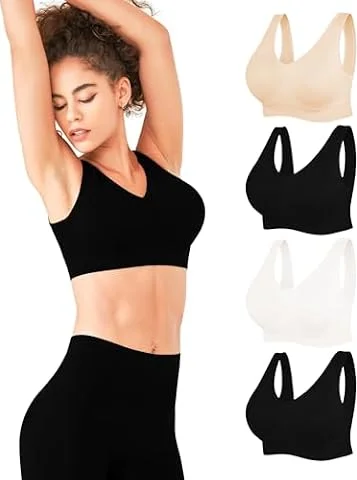 POWER FLOWER Confezione da 4 Comodi Reggiseni Sportivi Donna Reggiseno da Yoga Senza Cuciture con Imbottiture Rimovibili Top Reggiseno con Spalline Larghe S-XXXL (3388-Combo1, XXL-3XL)