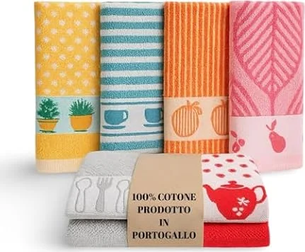 KRAPPS - Set 6 Pezzi Strofinacci Cucina Cotone 100% Made in Portogallo - Canovacci Cucina Cotone Assorbenti e Lavabili in Lavatrice, Stracci Cucina Multiuso Resistenti e Colorati