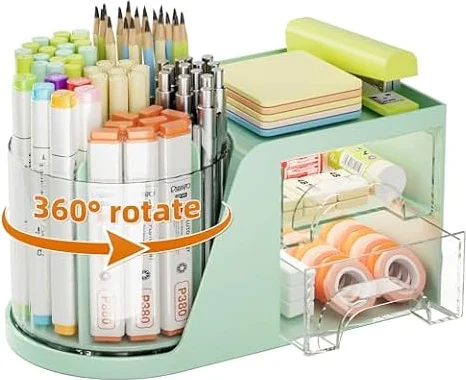 Marbrasse Organizer da Scrivania,360 Gradi Porta Penne Girevole per Organizzatore da Scrivania con Cassetti,Matite,Scatola Porta Oggetti per Forniture Ufficio Casa Scuola(Verde)