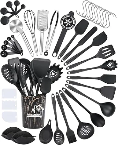 Czemo Utensili Cucina Silicone 44 Pezzi Set Mestoli Cucina Silicone Resistente al Calore Antiaderenti Utensili da Cucina con Secchio Portaoggetti, Lavabile In Lavastoviglie