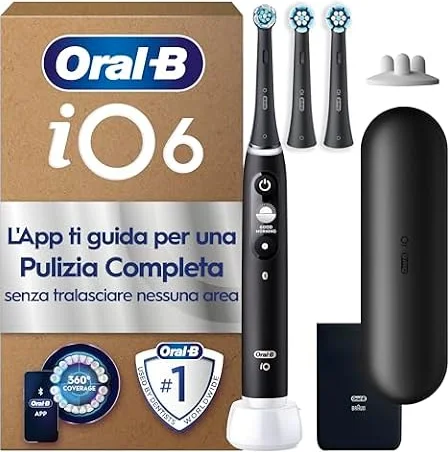 Oral-B iO 6 Spazzolino Elettrico, 3 Testine di Ricambio, Custodia, Nero | 3 Testine di Ricambio per Spazzolino Elettrico, Ricaricabile, Custodia, Sensore Pressione, Delicato su Gengive, Pulizia Denti