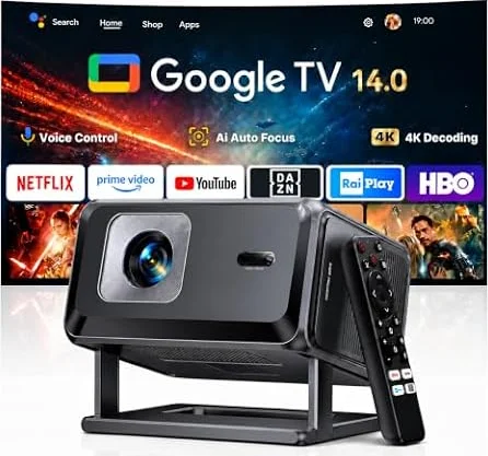 Proiettore 4K【Google TV 14】Proiettores Auto Focus e 6D Keystone Projector a Focale Corta Proiettore Portatile WiFi Bluetooth Proiettori Rotabile Videoproiettore Home Cinema per Casa e Esterno/HDMI/USB