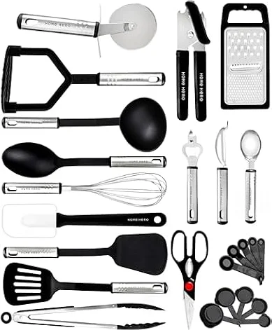 Utensili Cucina Set Termoresistenti al Calore e Antiaderente - Mestoli Spatola Cucchiaio Frusta Pinze Forbici (25 pezzi Nylon Set)