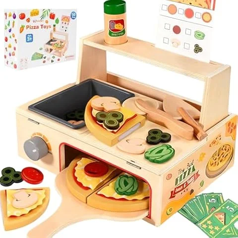 Smartwo Pizzeria in Legno con Forno, Pizza di Legno da Tagliare per Bambini, Giochi Cucina Montessori 2 3 4 5 6 Anni, Cibo Giocattolo, Accessori Cucinetta Bambini, Regalo Bimbi