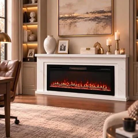 HOMAVO Camino elettrico con mobile 50", App, 2000 W | 12 colori fiamma × 12 colori ceppi, App, telecomando e pannello touch