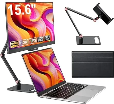 15,6" Monitor Portatile con Supporto &Cassa, 1080P FHD IPS 125%sRGB HDR | Ultrasottile Schermo Portatile con doppi Altoparlanti, HDMI USB C Monitors per Laptop/PC/Smartphone/PS4/5/X-BO/Switch